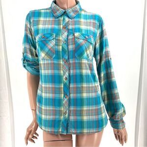 Marmot women’s Size M Blue and Orange Plaid L/S Western style shirt